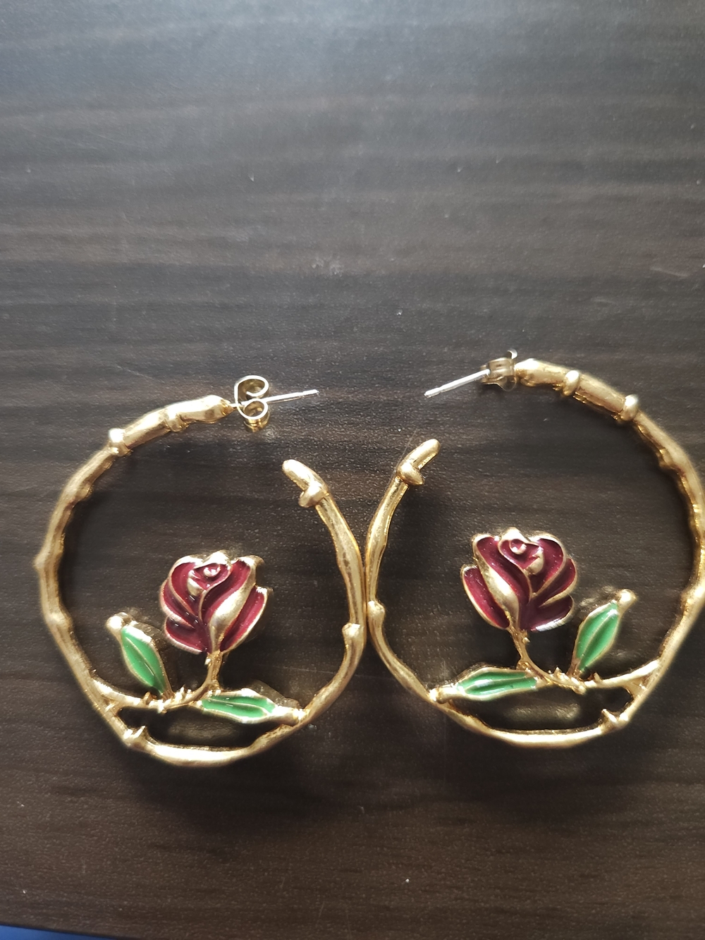 Gold Hoop Earrings with Red Rose and Green Leaves - Women Jewelry